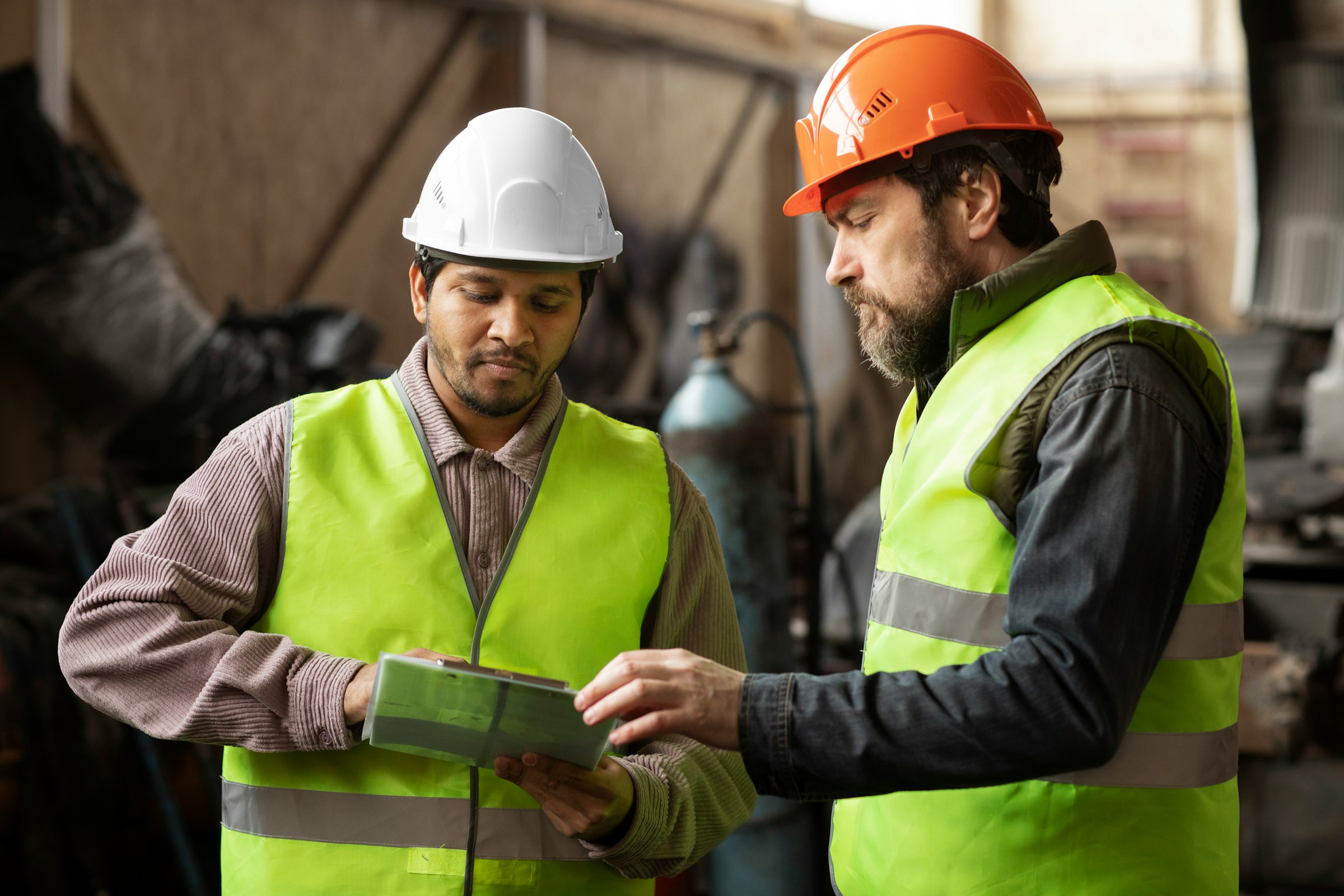 Two workers in high-visibility vests and hard hats going through a checklist on a workshop floor